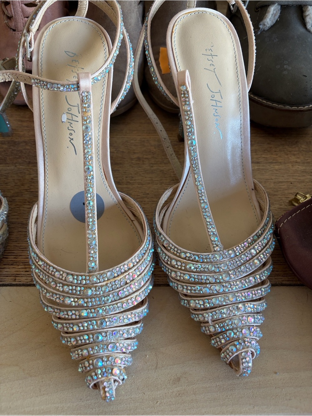 Betsey Johnson Blush Crystal T-Strap Pointed Heels